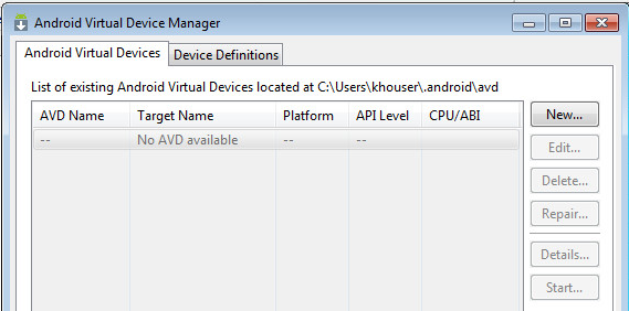 Click New in Android AVD Manager
